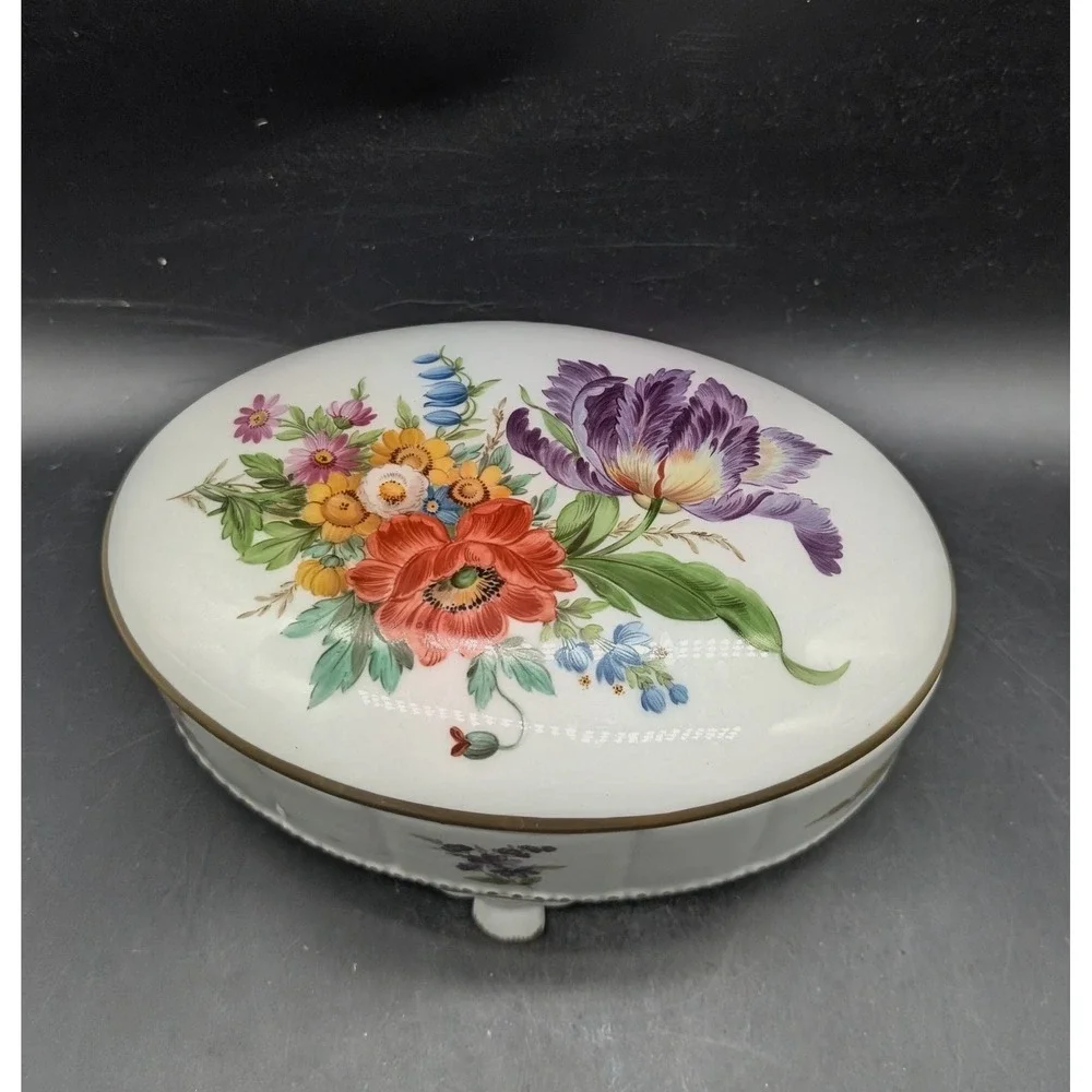 Vintage 1985 Handgemalt Lisa Ackermann Hand Painted Floral Porcelain Trinket Box